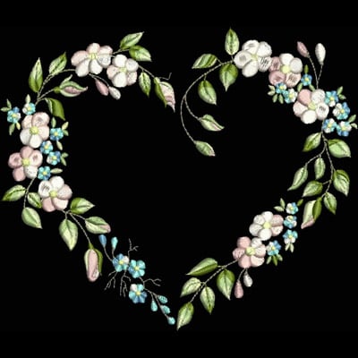 An embroidery design of a heart shape created with delicate pink and white flowers, complemented by green leaves and small blue blossoms.