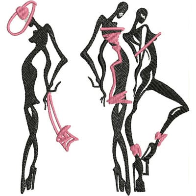 An embroidery design of stylish, slender figures dressed in fashionable outfits, accentuated with bold black lines and playful pink details.