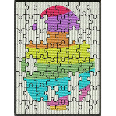 An embroidery design of a colorful puzzle piece arrangement featuring shapes in vibrant hues of pink, orange, yellow, green, and blue.