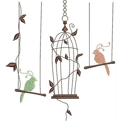 An embroidery design of two birds perched on swings beside a decorative birdcage, entwined with leaves and vines.