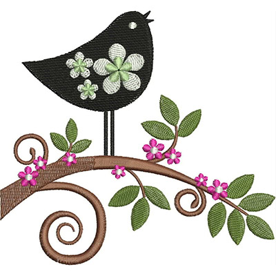 An embroidery design of a black bird perched on a brown branch, adorned with green leaves and pink flowers.