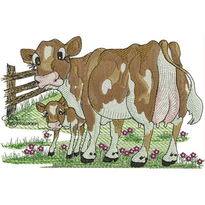 An embroidery design of a brown and white cow with a calf, depicted in a playful, cartoonish style.