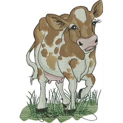 An embroidery design of a cute brown and white calf standing on green grass.