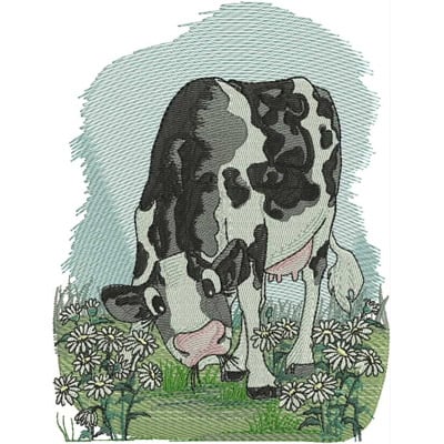 An embroidery design of a black and white cow grazing among flowers.
