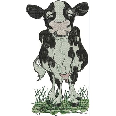 An embroidery design of a playful black and white cow standing in grass, smiling with its tongue out.