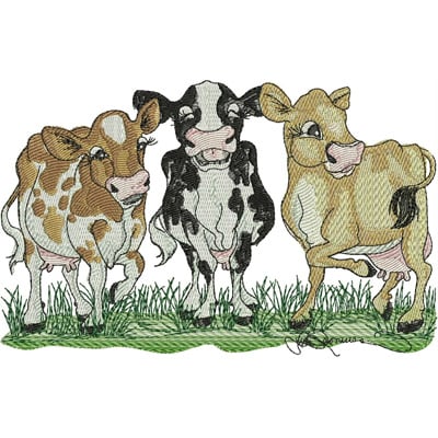 An embroidery design of three playful cartoon-style cows, featuring a brown speckled cow, a black and white spotted cow, and a light-colored cow, all with cheerful expressions.