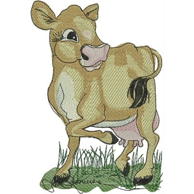 An embroidery design of a playful calf with a light brown coat and a cheerful expression.