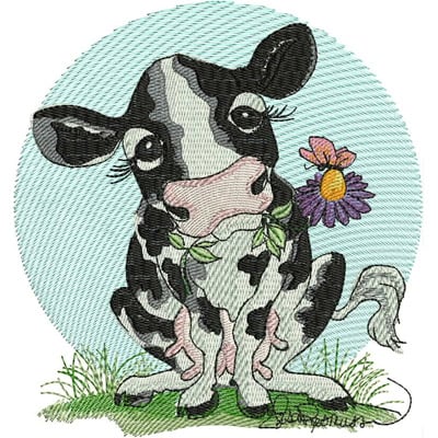 An embroidery design of a cute black and white calf sitting and holding a flower in its mouth.