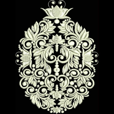 An embroidery design of intricate floral motifs with elegant leaves, spirals, and a central lotus, creating a symmetrical and ornate composition.
