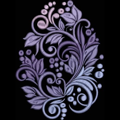 An embroidery design of swirling vines and leaves in shades of purple, accented with circular embellishments.