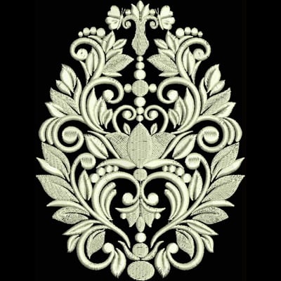 An embroidery design of intricate floral motifs and leafy swirls arranged in an elegant symmetrical pattern.