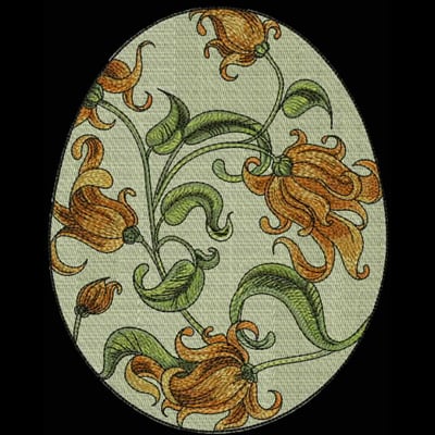 An embroidery design of elegant orange flowers with green leaves intertwined in a decorative pattern.