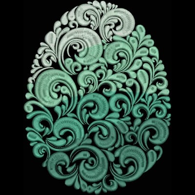 An embroidery design of intricate swirling motifs in varying shades of green, shaped like an oval.