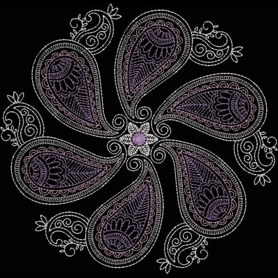 An embroidery design of a symmetrical floral pattern featuring teardrop shapes in shades of purple with intricate detailing and a central embellishment.