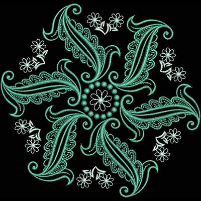 An embroidery design of an intricate floral pattern featuring swirling leaves and small flowers arranged in a circular formation.