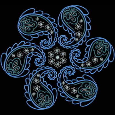 An embroidery design of intricate paisley shapes in blue with floral accents forming a symmetrical pattern.