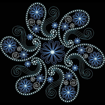 An embroidery design of intricate swirling paisleys and floral motifs in various shades of blue.