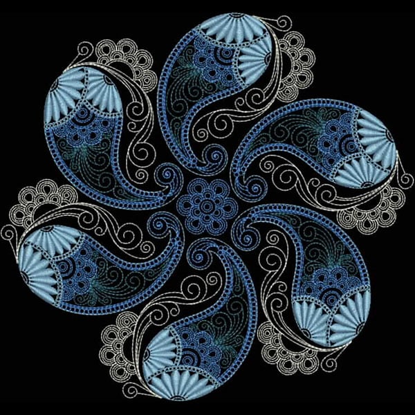 An embroidery design of an intricate floral arrangement featuring alternating blue and black paisley shapes with delicate swirling details.