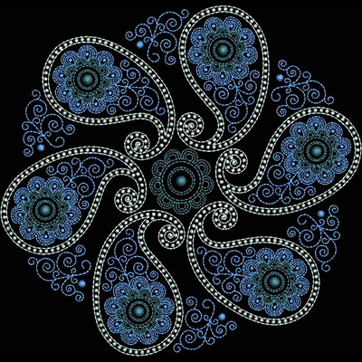 An embroidery design of intricate, swirling patterns featuring floral motifs in shades of blue and white, arranged symmetrically.