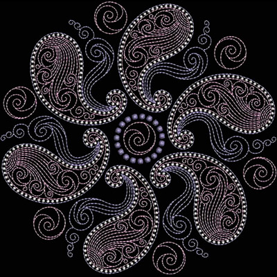 An embroidery design of swirling paisley shapes arranged in a circular pattern, embellished with intricate lines and dots.