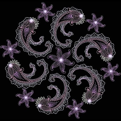 An embroidery design of swirling paisley shapes adorned with delicate floral accents in shades of purple and white.