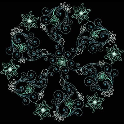 An embroidery design of intricate floral motifs and swirling vines arranged in a circular pattern.