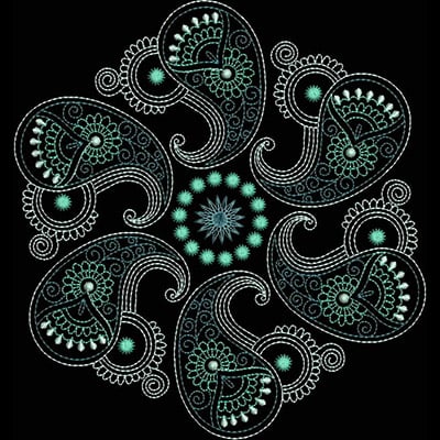 An embroidery design of intricate paisley shapes arranged in a circular pattern, embellished with floral motifs and delicate swirls.