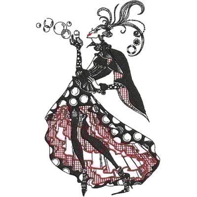 An embroidery design of a stylish figure in a dramatic polka-dotted skirt and elaborate headpiece, playfully blowing bubbles.
