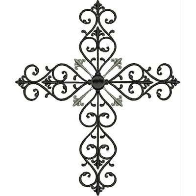 An embroidery design of an ornate cross featuring intricate scrollwork and decorative elements in black and green.
