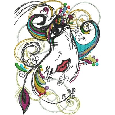 An embroidery design of a stylized woman's face adorned with colorful swirls, floral elements, and abstract shapes.