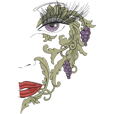 An embroidery design of a stylized face featuring intricate vine-like patterns adorned with grapes and bold red lips.