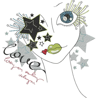 An embroidery design of a stylized face featuring vibrant elements such as stars, distinctive eyes, and lips in shades of green and red, accompanied by the word "love."