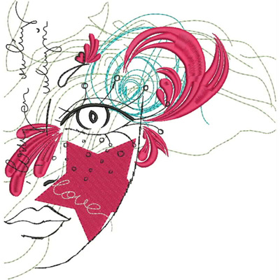 An embroidery design of a stylized face featuring vibrant pink elements, expressive lines, and the word "love" prominently displayed.