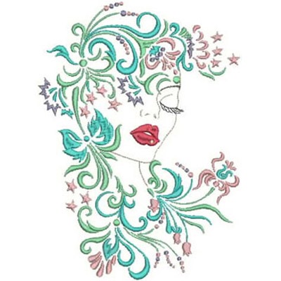 An embroidery design of a stylized female face adorned with intricate floral and swirling motifs in vibrant colors.