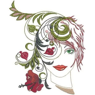 An embroidery design of a stylized woman's face adorned with flowing hair and floral elements in vibrant colors.