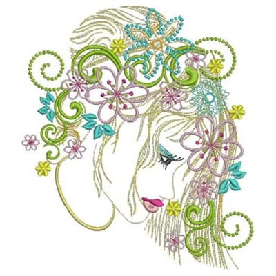 An embroidery design of a beautiful woman with flowing hair adorned with colorful flowers and intricate floral patterns.