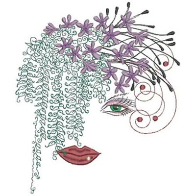 An embroidery design of a stylized face adorned with flowing hair made of vines and purple flowers, featuring a detailed eye and lips.