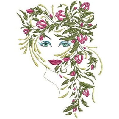 An embroidery design of a woman's face adorned with flowing greenery and blooming flowers in shades of pink.