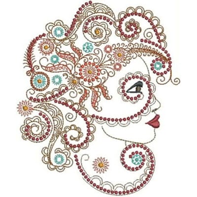 An embroidery design of a woman’s profile adorned with intricate swirls, flowers, and vibrant colors, showcasing a decorative and artistic hairstyle.