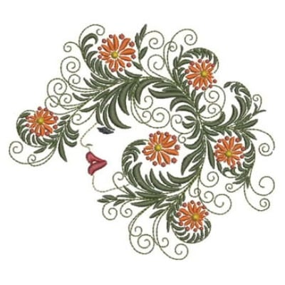 An embroidery design of a stylized floral arrangement featuring vibrant orange flowers intertwined with green leaves and a silhouette of a face with red lips.