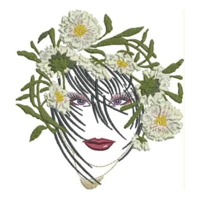 An embroidery design of a woman's face adorned with flowing hair and surrounded by delicate flowers.