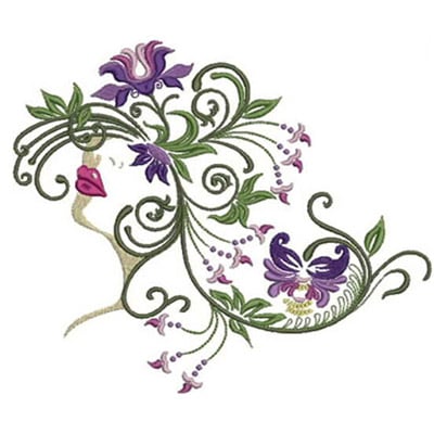 An embroidery design of a graceful silhouette adorned with flowing floral elements and vibrant butterflies.
