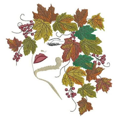 An embroidery design of a stylized face adorned with colorful autumn leaves and grapes, featuring elegant details and soft facial features.