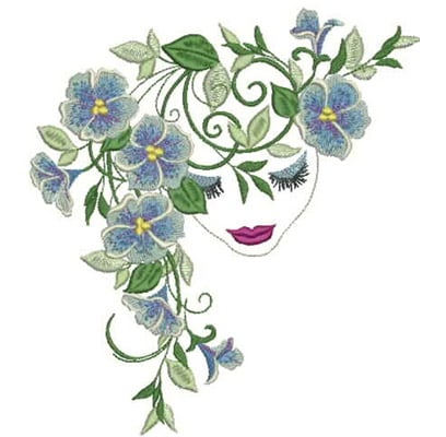 An embroidery design of a woman's face adorned with vibrant blue flowers and green leaves.