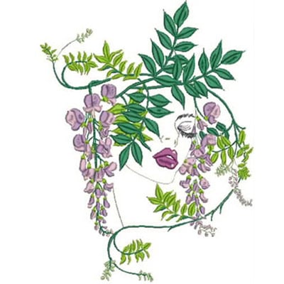 An embroidery design of a serene face partially obscured by lush green leaves and delicate purple flowers.