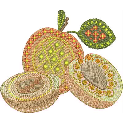An embroidery design of intricately stitched fruits, featuring an apple and two distinct shapes reminiscent of halves, adorned with colorful floral patterns.