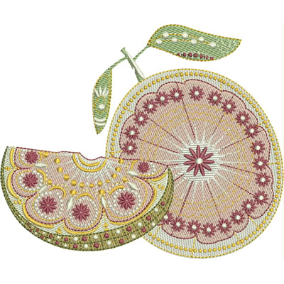 An embroidery design of two stylized citrus slices, one complete with a leaf and intricate floral patterns, and the other partially sliced with decorative details.