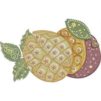 An embroidery design of stylized fruit with intricate patterns and decorative leaves in various colors.