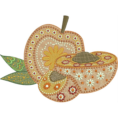 An embroidery design of a decorative fruit with intricate patterns and vibrant colors, featuring both a whole fruit and a sliced segment.