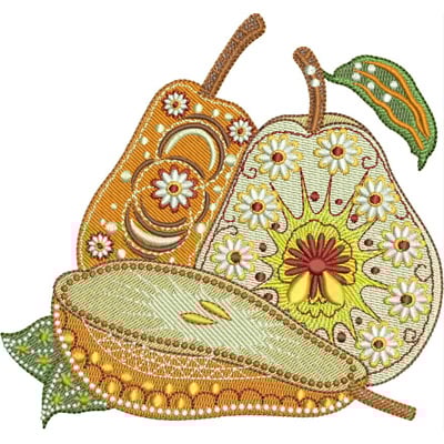 An embroidery design of three stylized fruits featuring vibrant colors and intricate floral patterns.